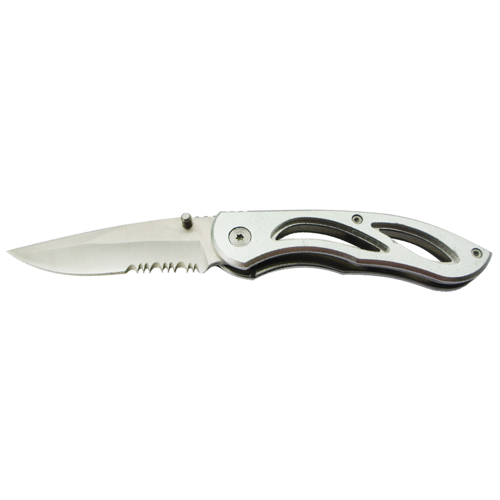 Silver aluminum handle Half serrated blade folding knife 156/ front side