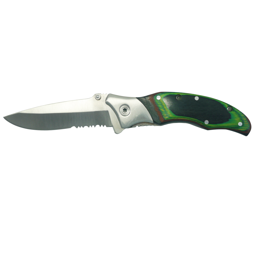 Color wood handle half serrated blade knife 262/ front side