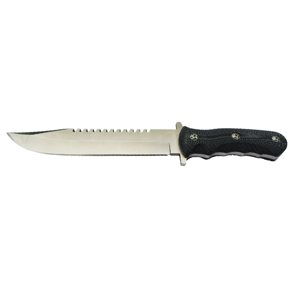 High carbon steel sawback fixed blade hunting knife 504/ front side